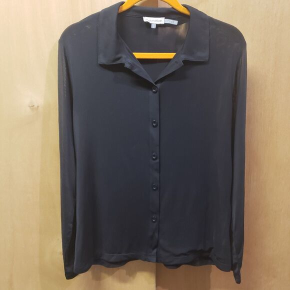CALVIN KLEIN WOMEN'S BLACK SHEER BUTTON SHIRT SZ L
LONG SHEER SLEEVES - Picture 1 of 6